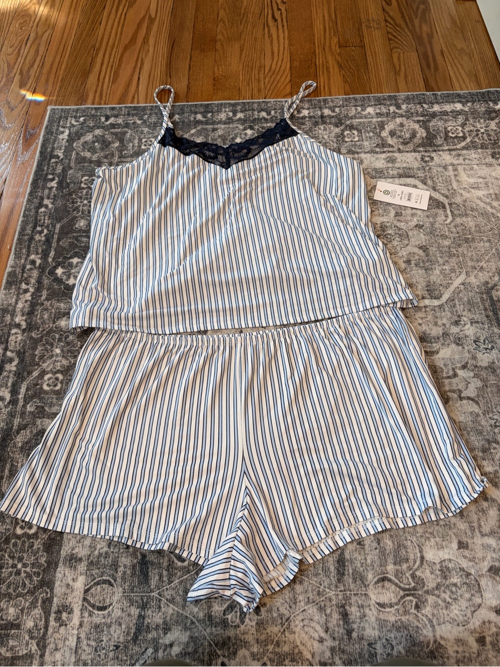 Striped Blue & White Lace-Trim Cami & Short Pajama Set